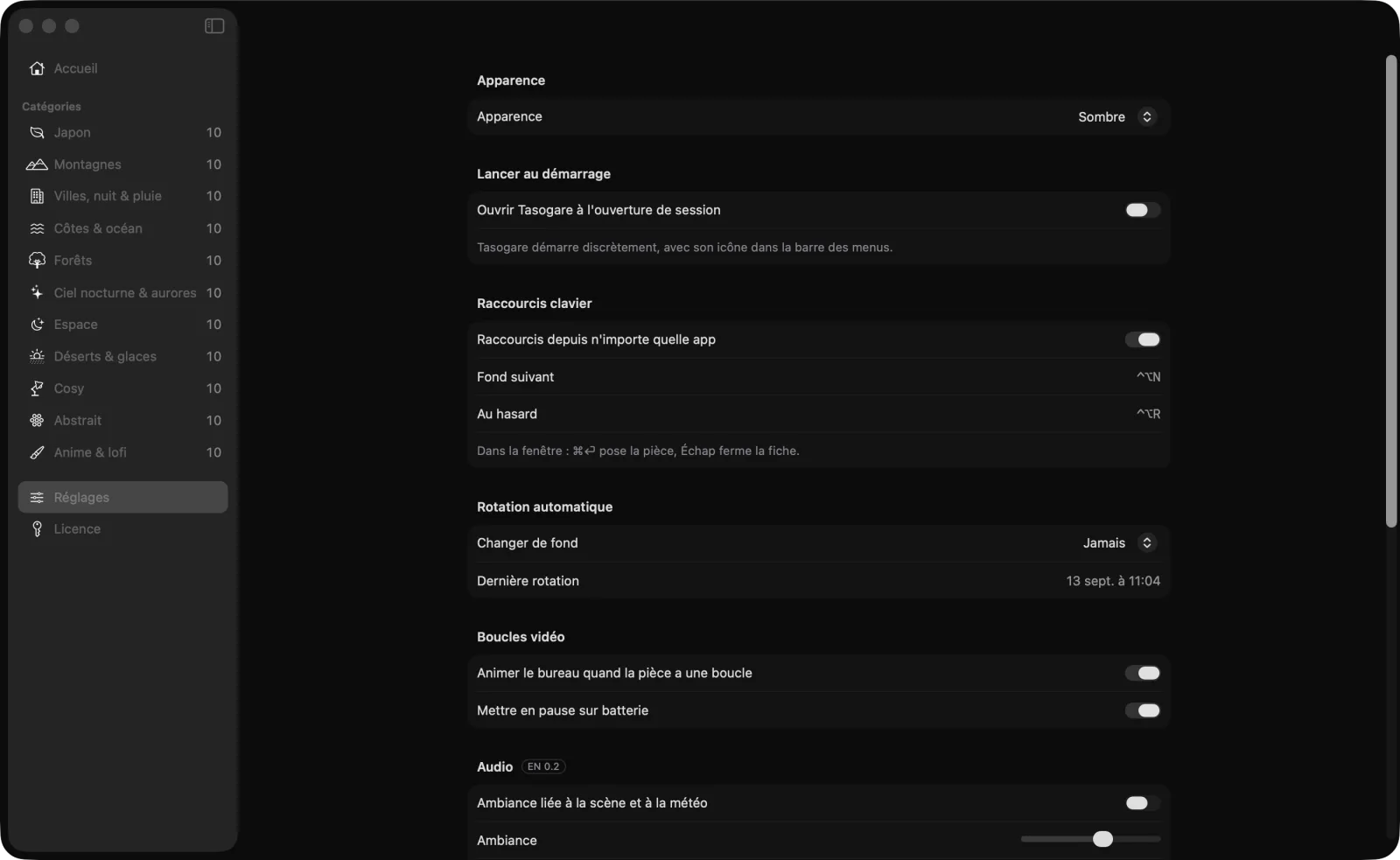 Les Réglages : apparence, démarrage, raccourcis globaux, rotation, boucles.