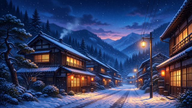 Village neige nuit