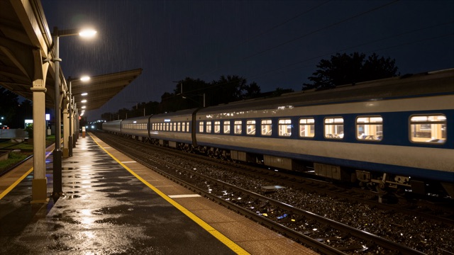 Train quai pluie nuit